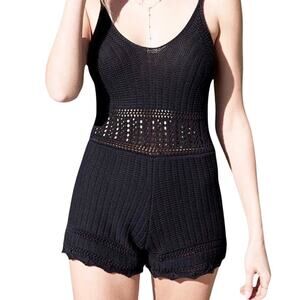Black Crochet Romper Shorts Womens Size L Festival Boho Coastal Beach